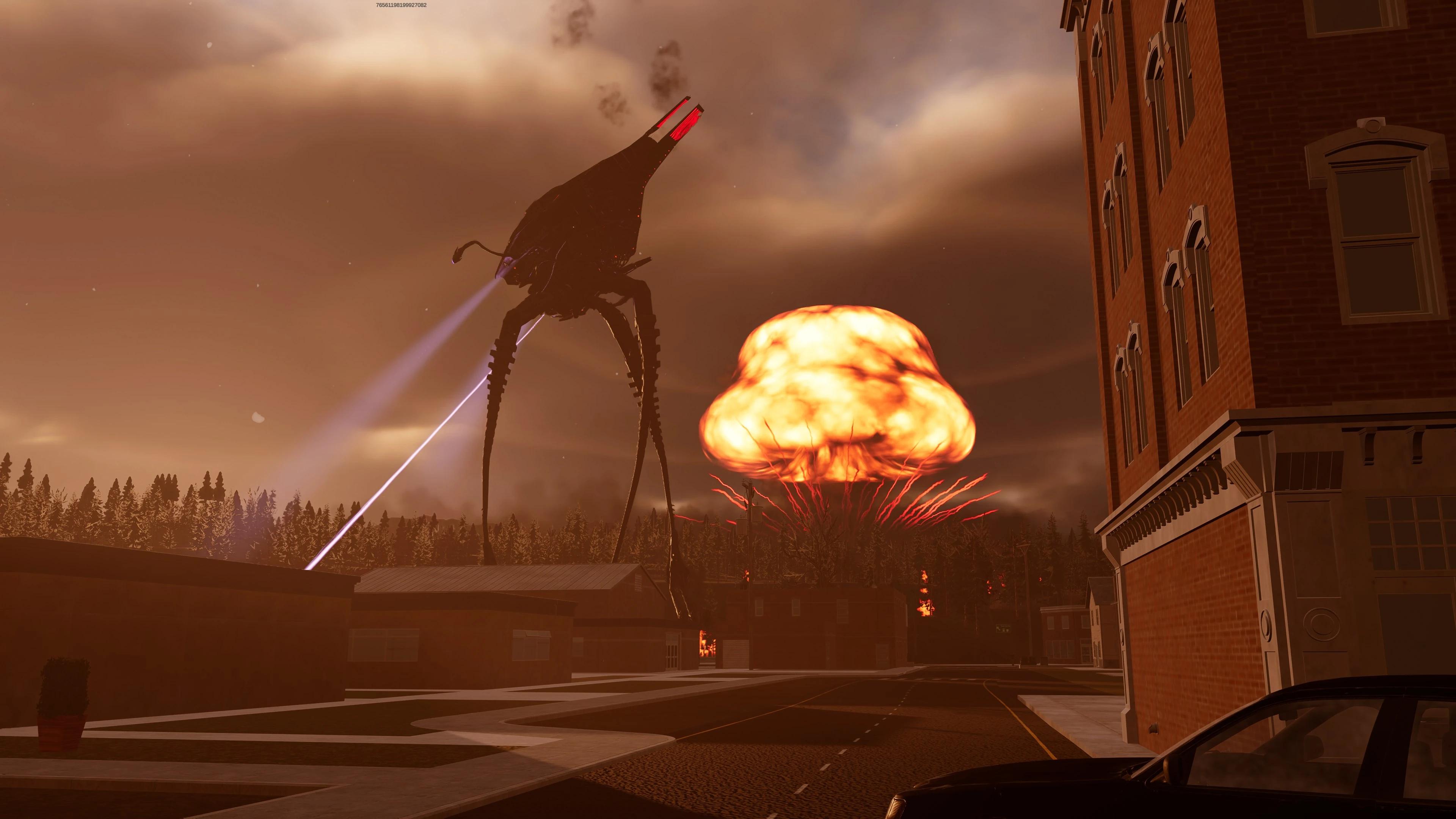 An alien tripod fires a violet beam near a city building as a huge explosion rises beyond the trees.