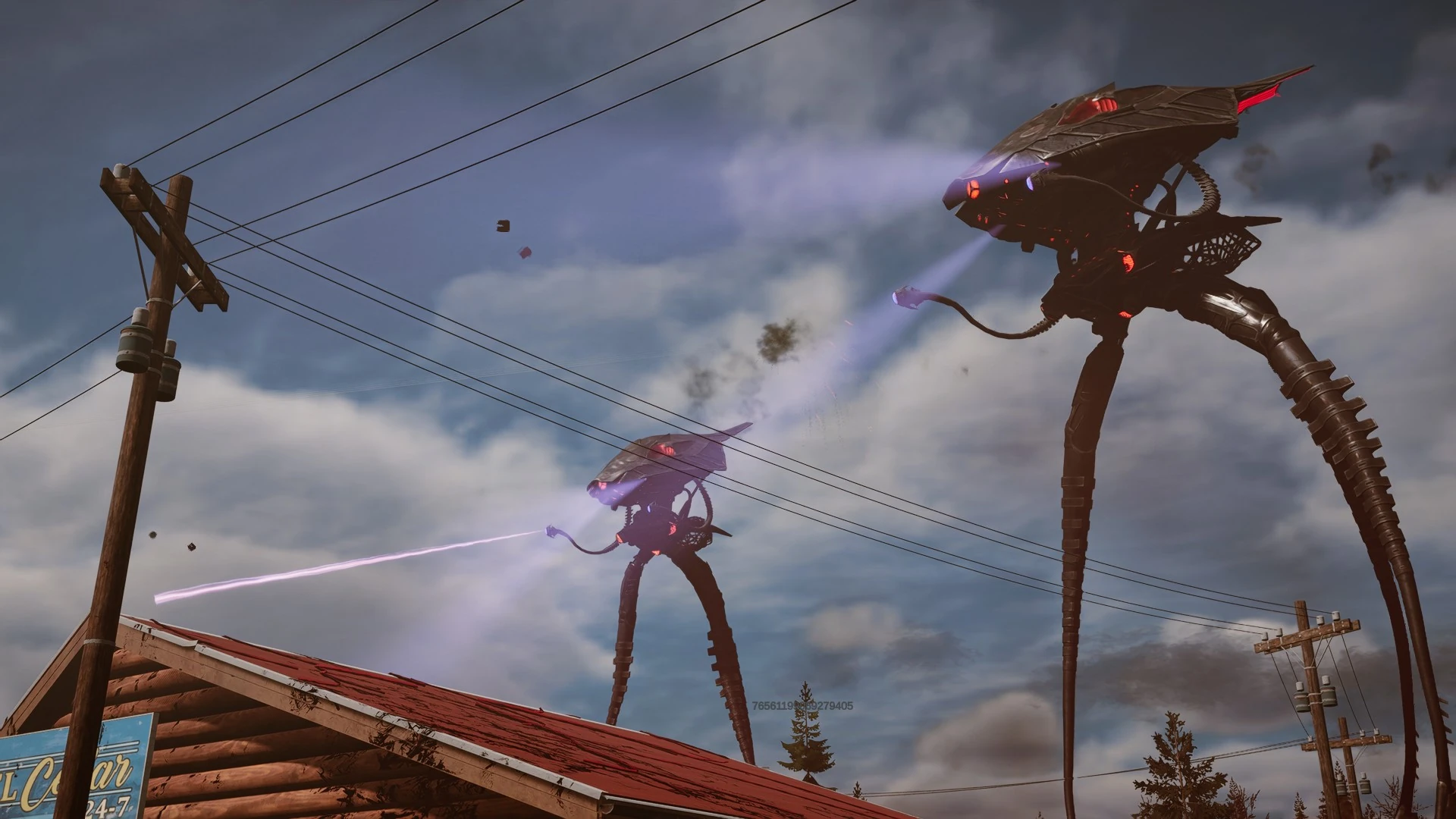 Two towering alien tripods loom over rooftops and power lines, with one firing a violet beam.
