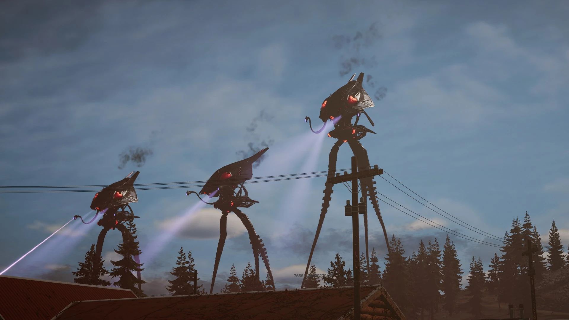 Three alien tripods rise above the tree line beneath a blue and cloudy sky.