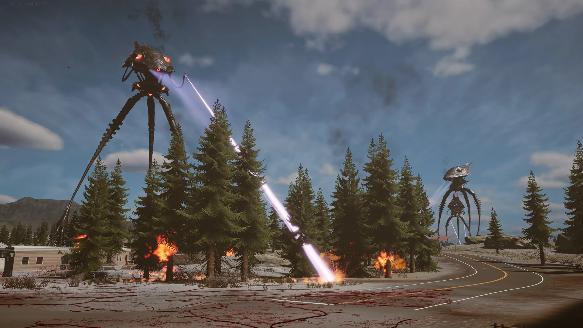 Alien tripods fire bright beams across a curving road and burning trees.