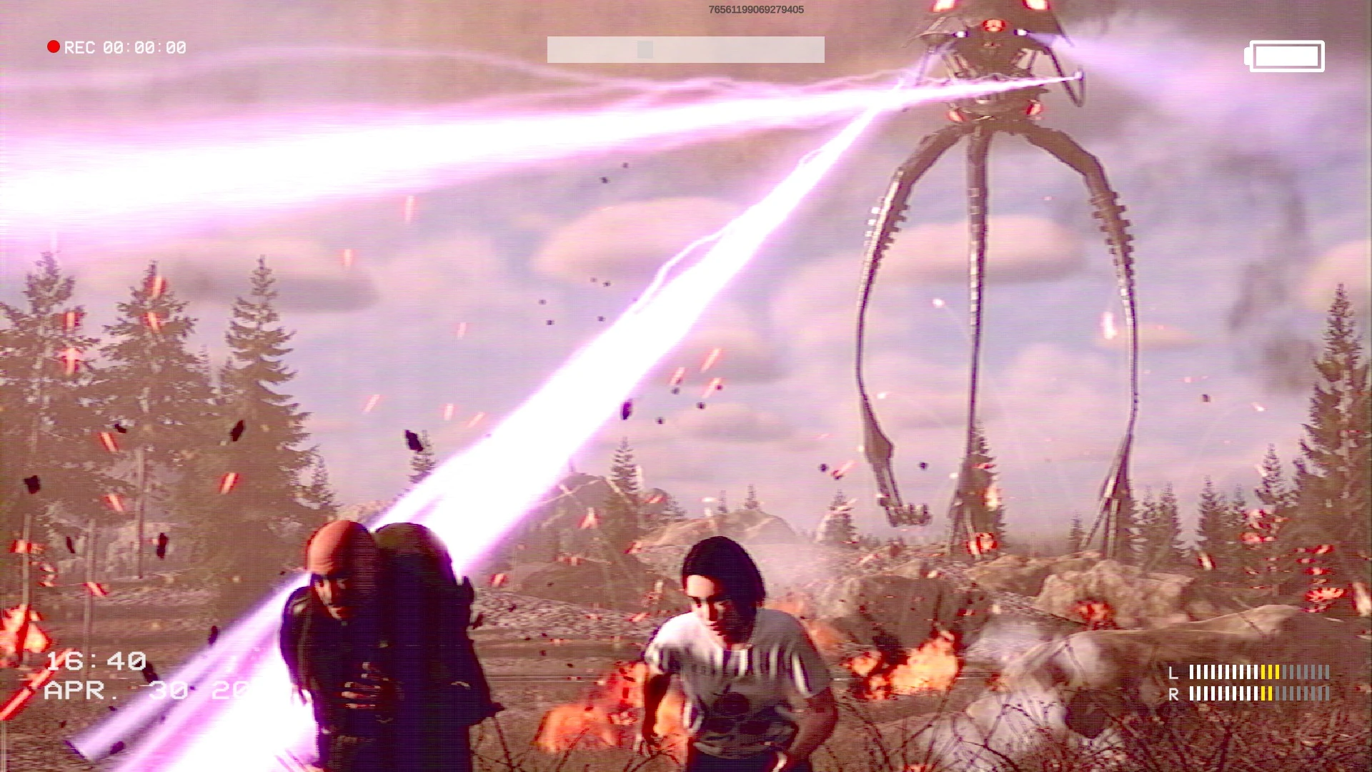 A camcorder-style view shows people fleeing as alien tripods sweep bright violet beams through a burning landscape.