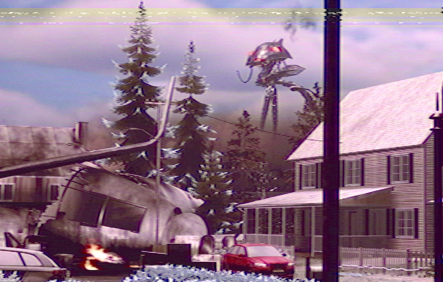 A burning helicopter wreck sits among houses and cars while a tripod towers overhead in a distorted video-style image.