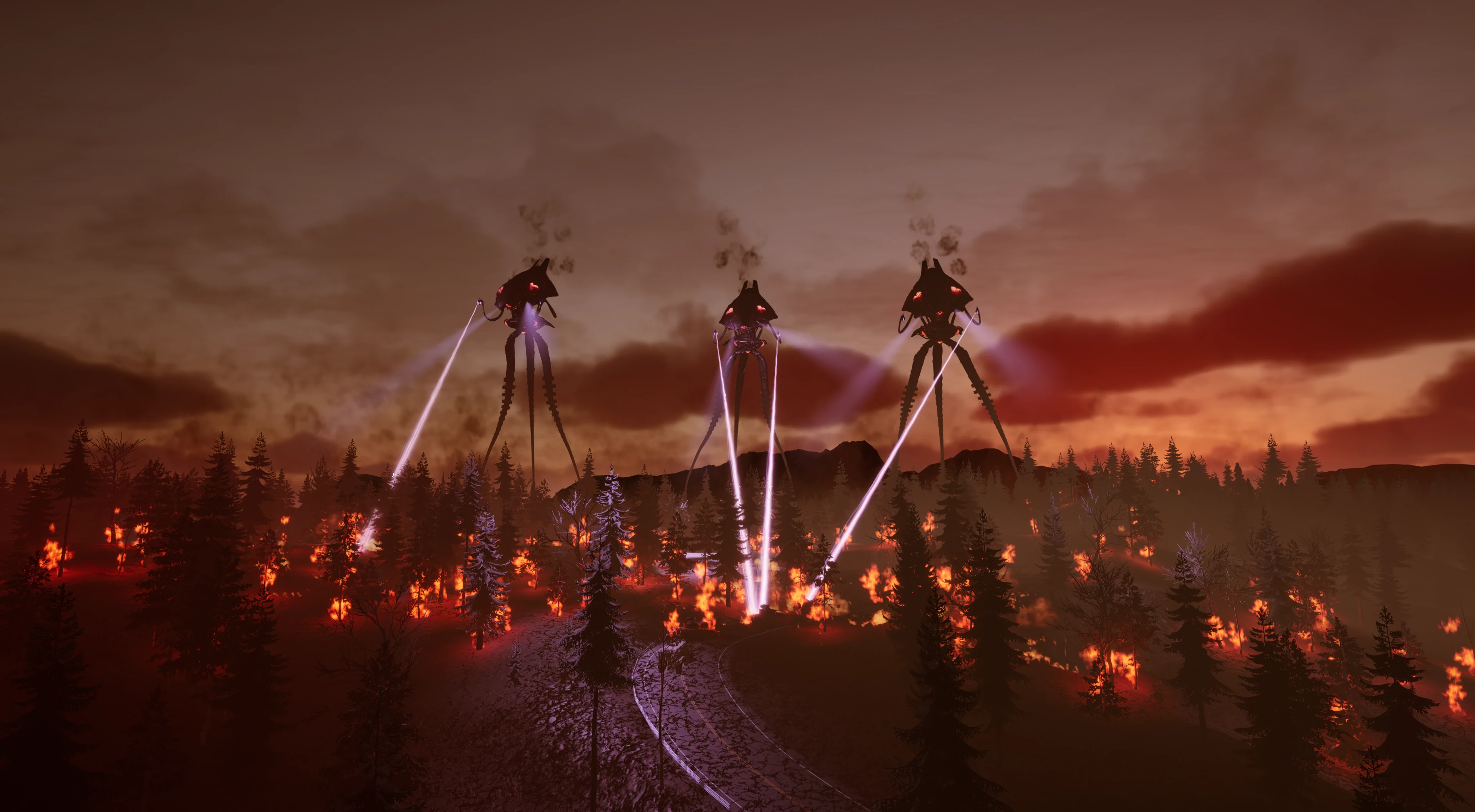 Three alien tripods fire heat rays over a burning forest beneath a blood-red evening sky.