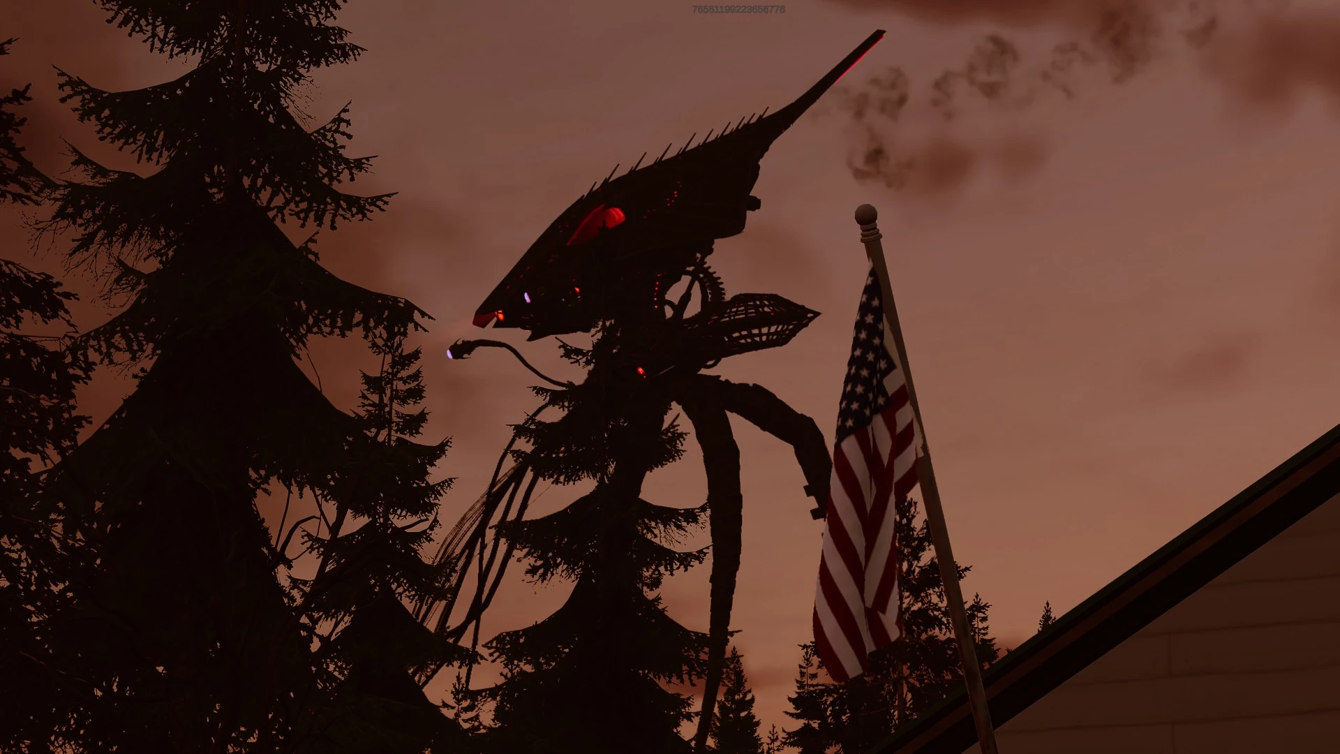 A tripod silhouette towers beside an American flag and pine trees under a red sky.