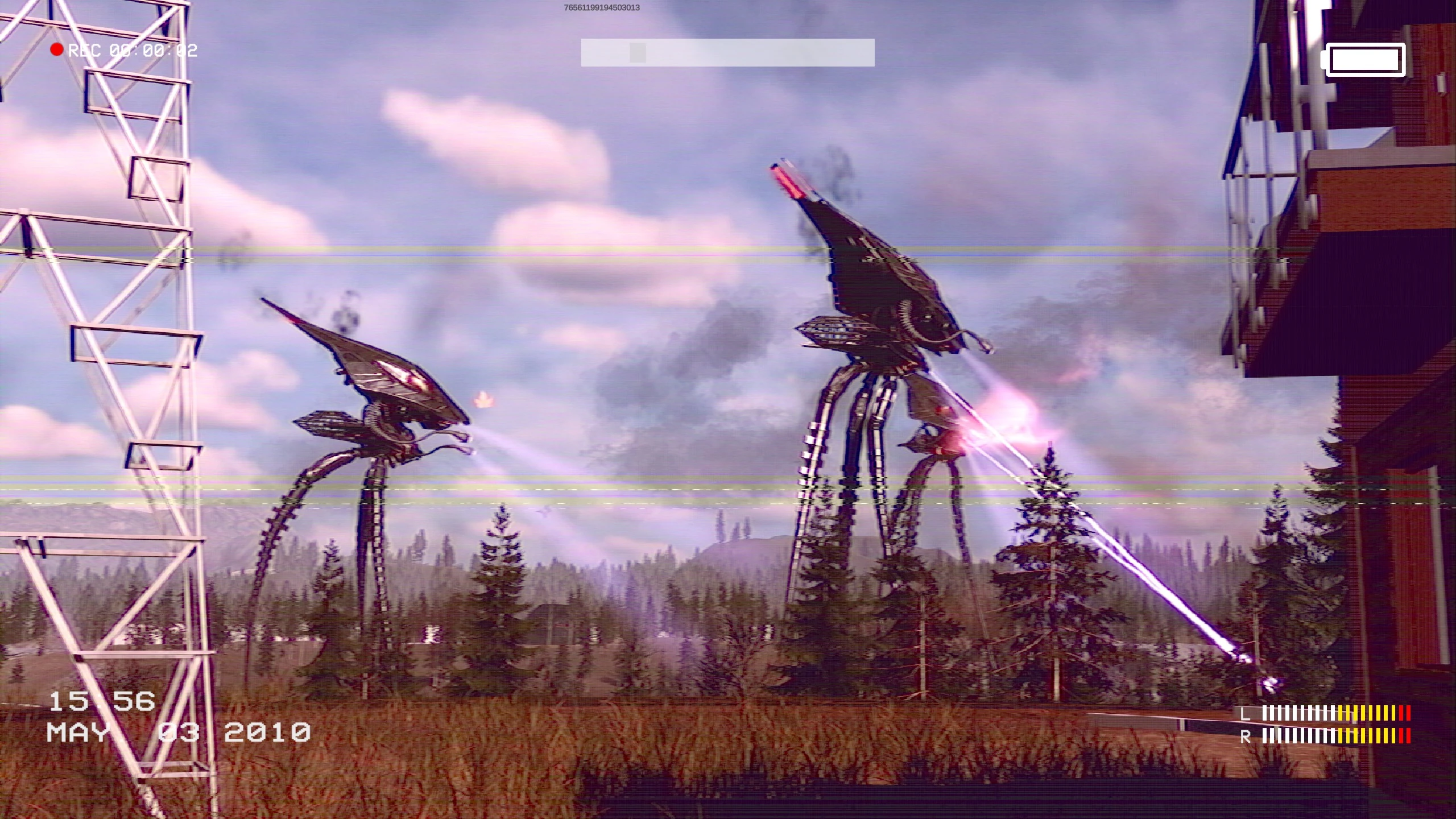 Camcorder footage shows alien tripods firing heat rays beside a lattice power pylon.