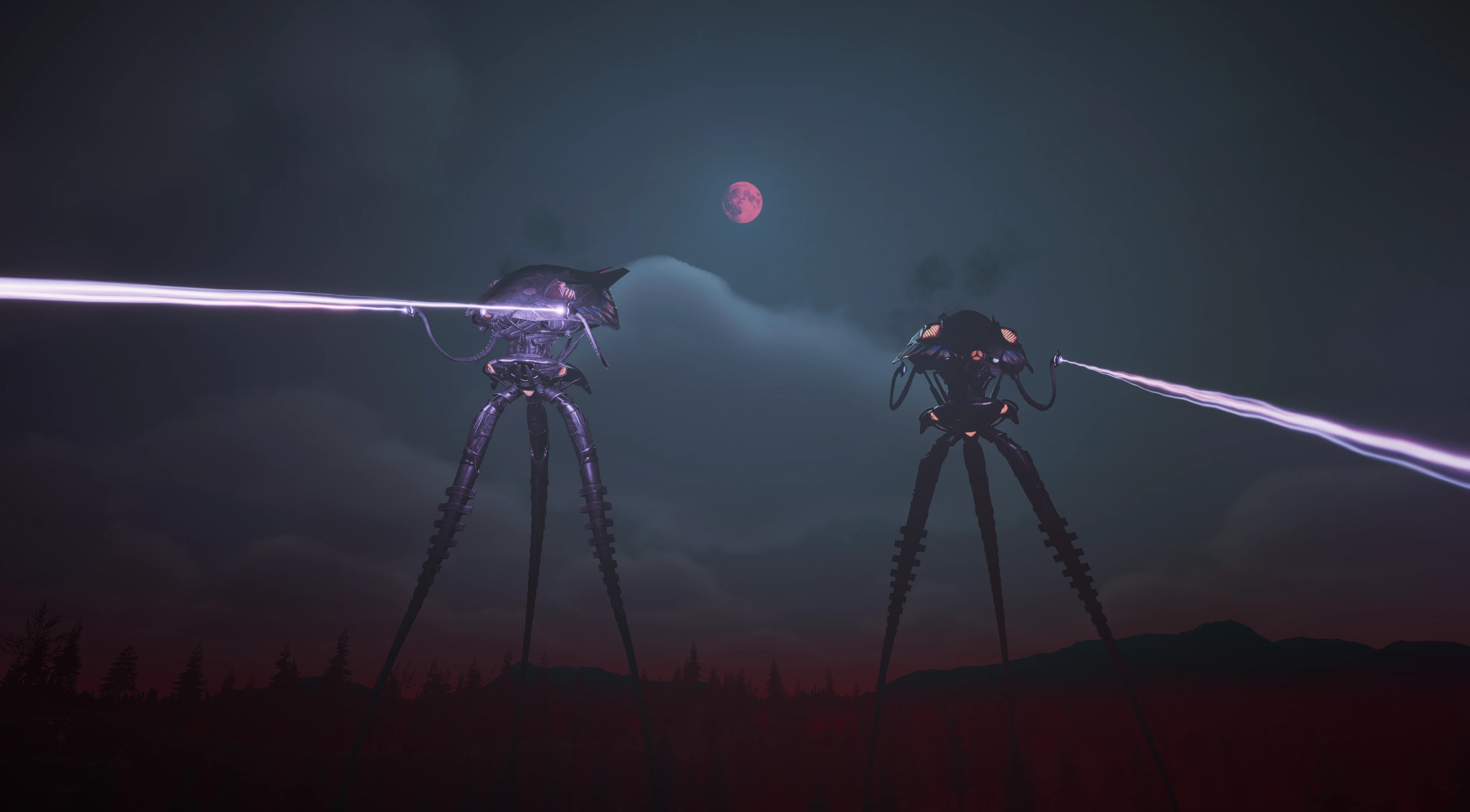 Two alien tripods fire long violet beams across a night sky beneath a red moon.