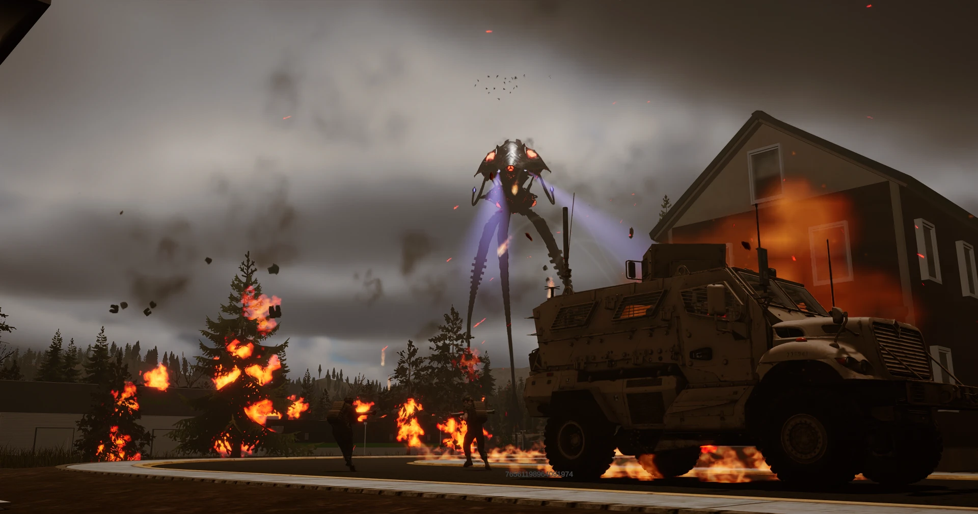 An armored military truck waits beside a burning house as a tripod fires through the smoke beyond.