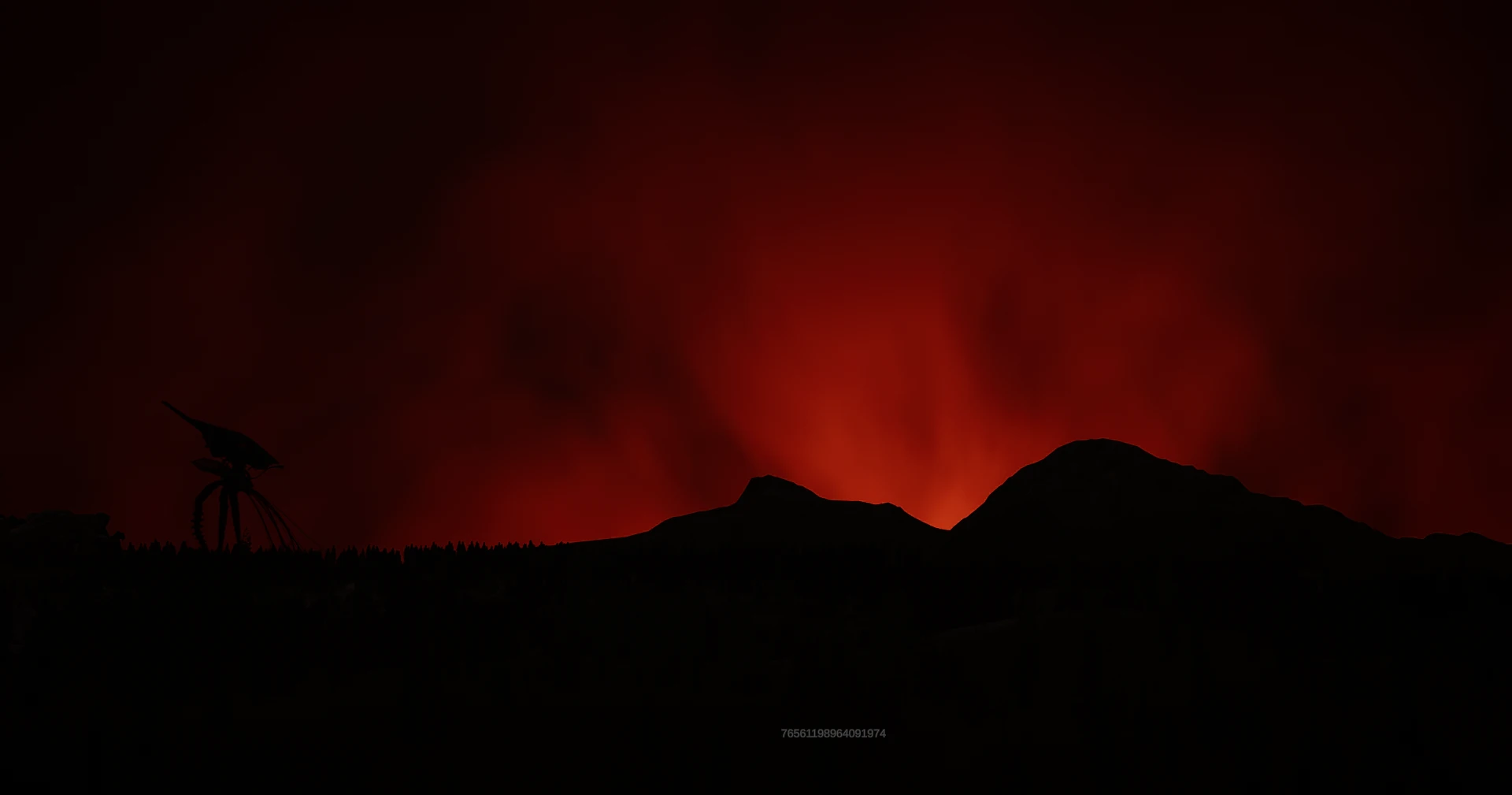 A distant tripod stands silhouetted against a red glow rising behind dark mountains.
