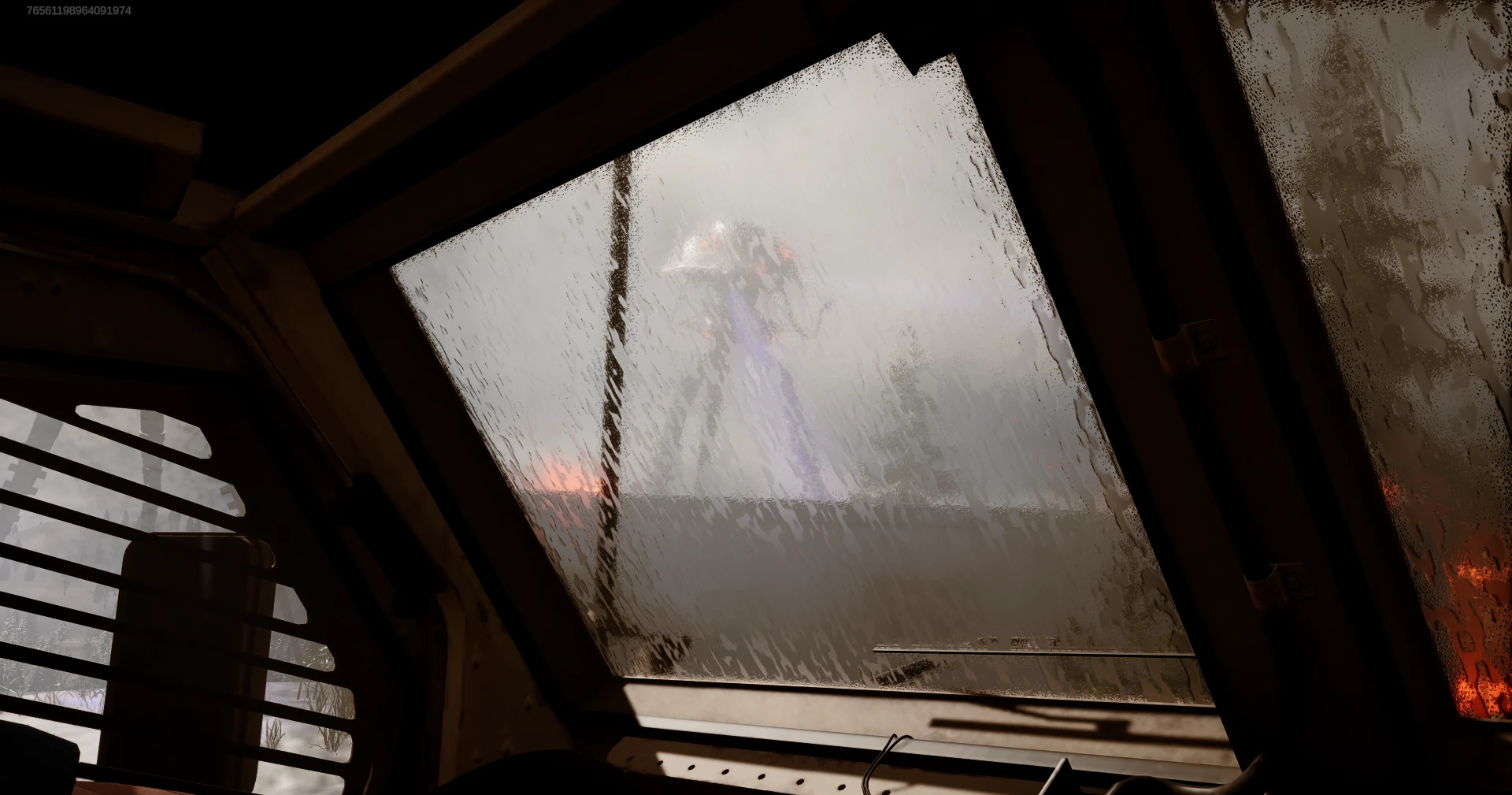 An alien tripod looms in the fog beyond a rain-streaked vehicle window.