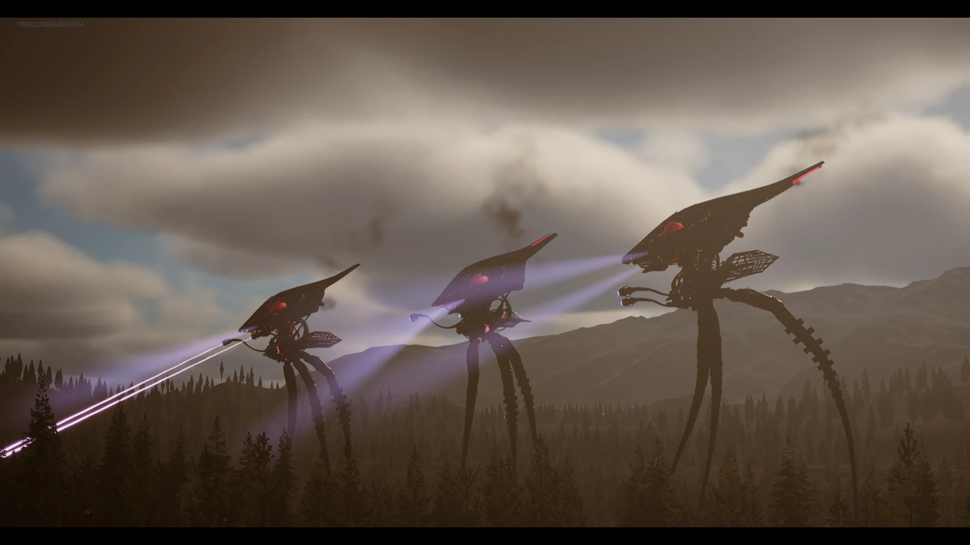 Three alien tripods fire violet heat rays across a pine valley beneath distant mountains.