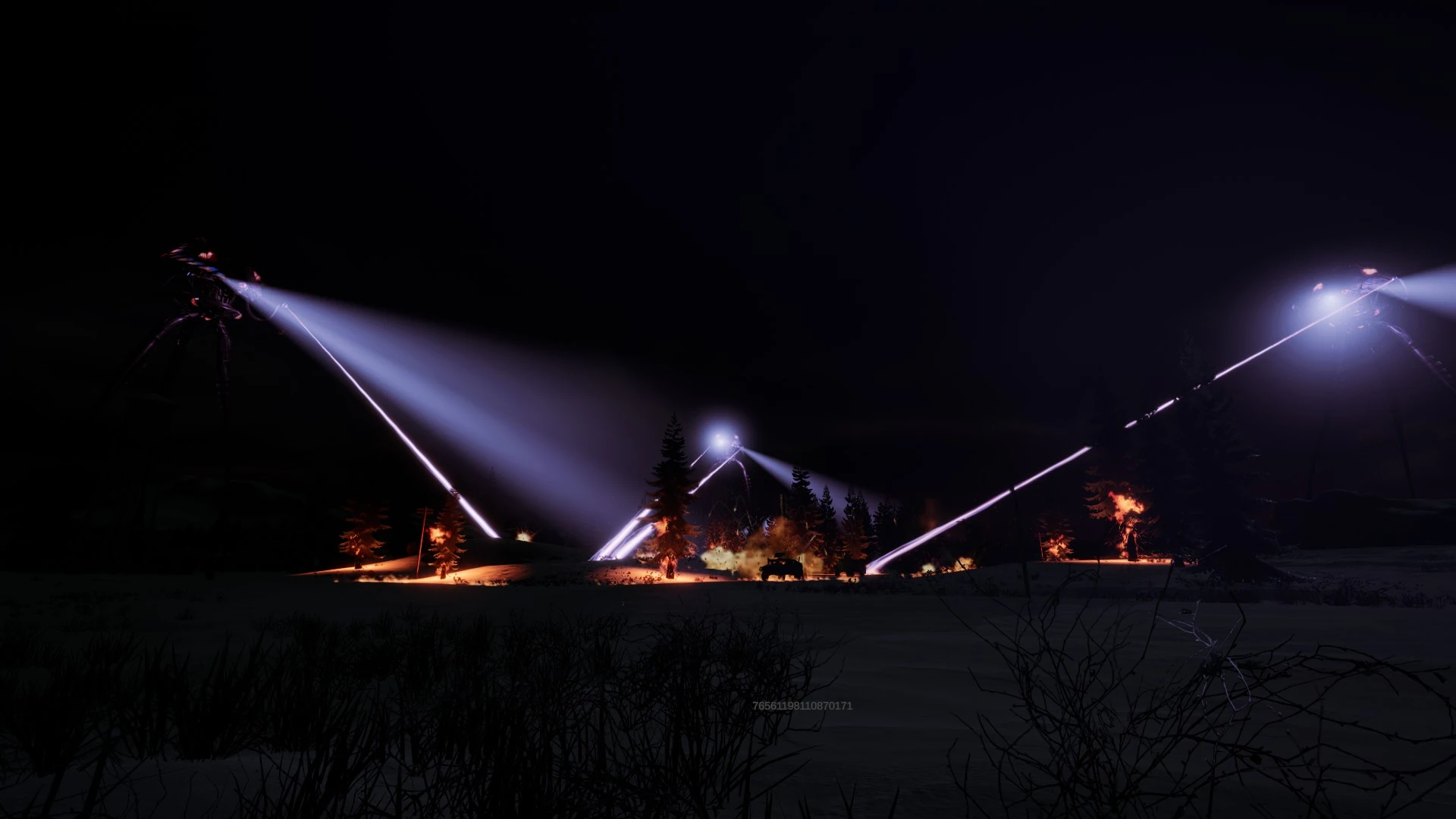Alien tripods sweep violet beams across a dark field, leaving small fires burning in the night.