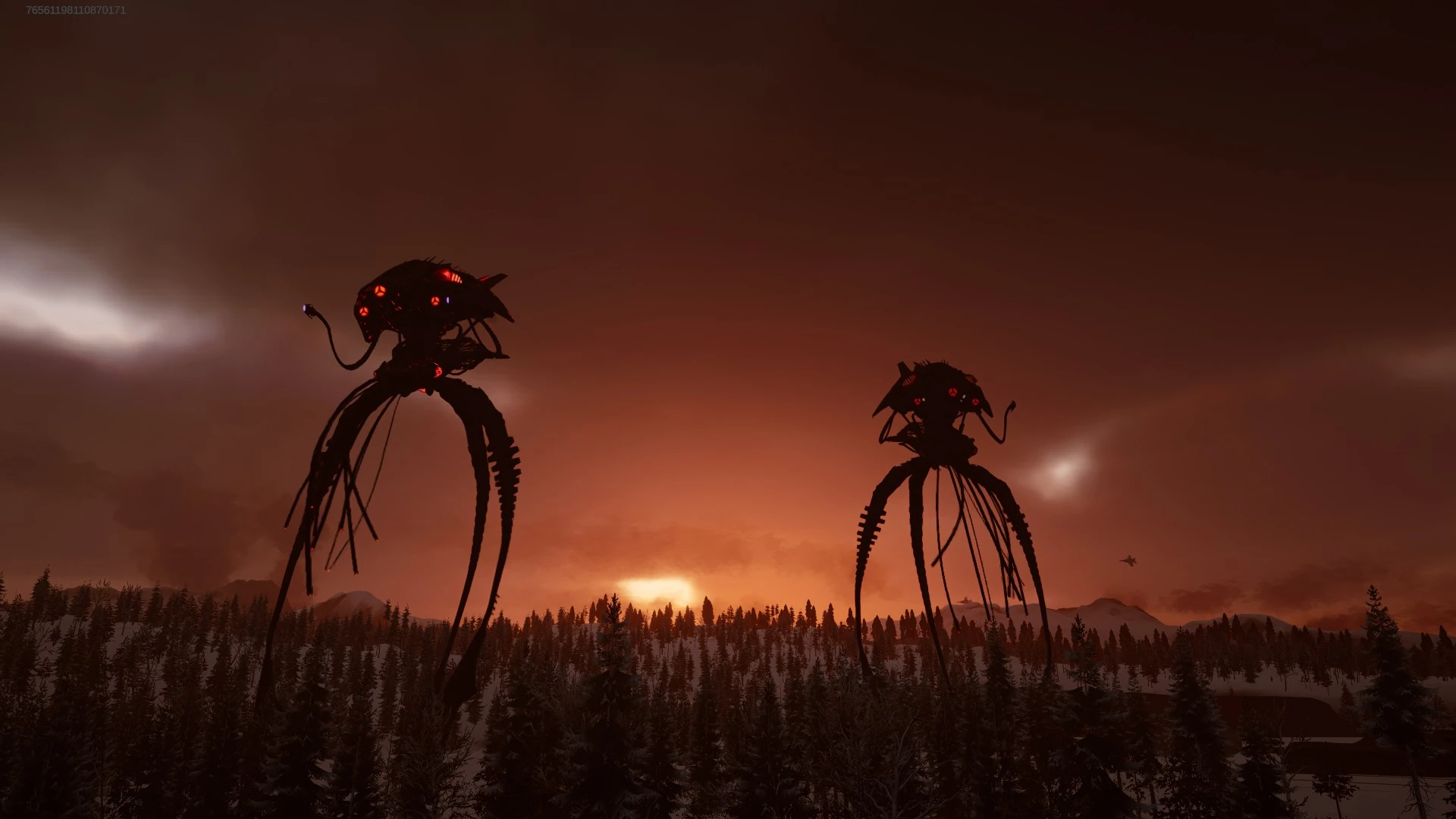 Two alien tripods stalk over a snowy pine forest against a burning orange sunset.