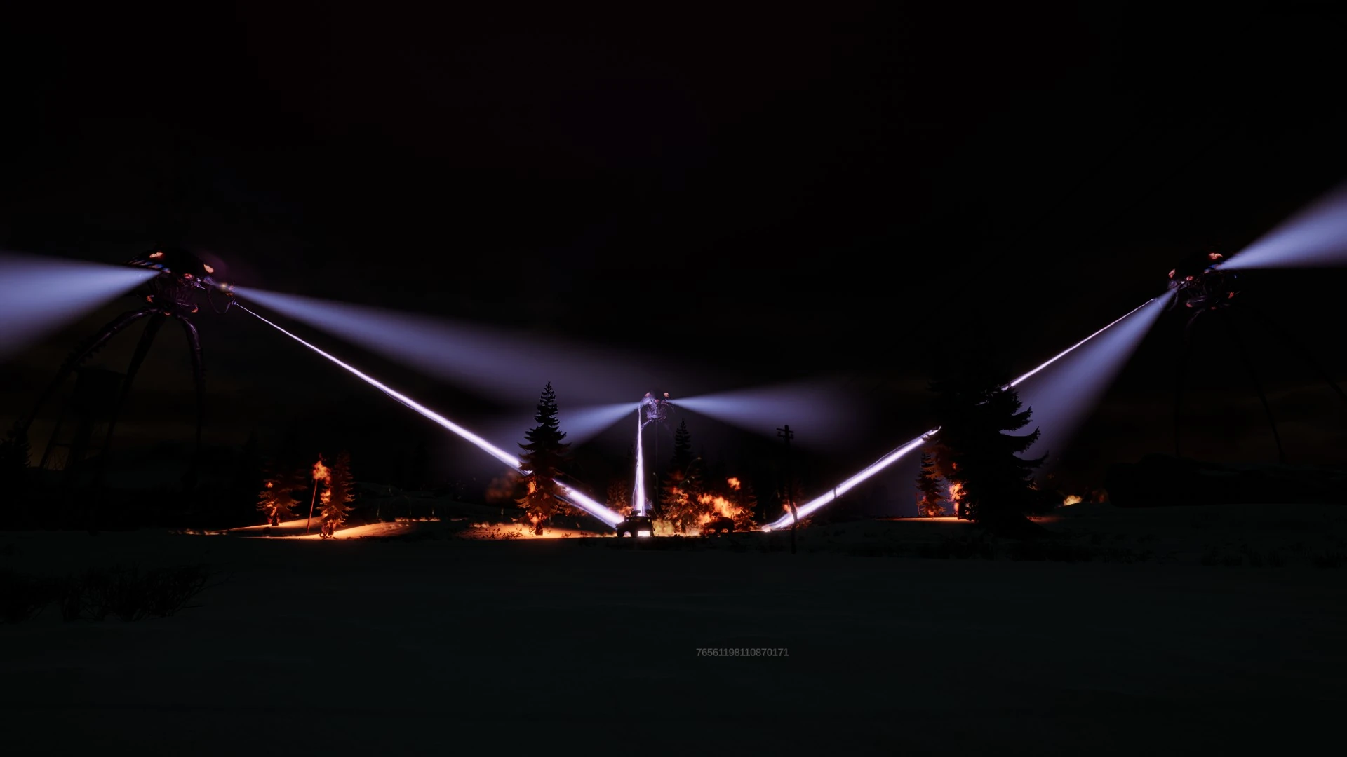 Three tripods fire crossing violet heat rays into burning trees at night.