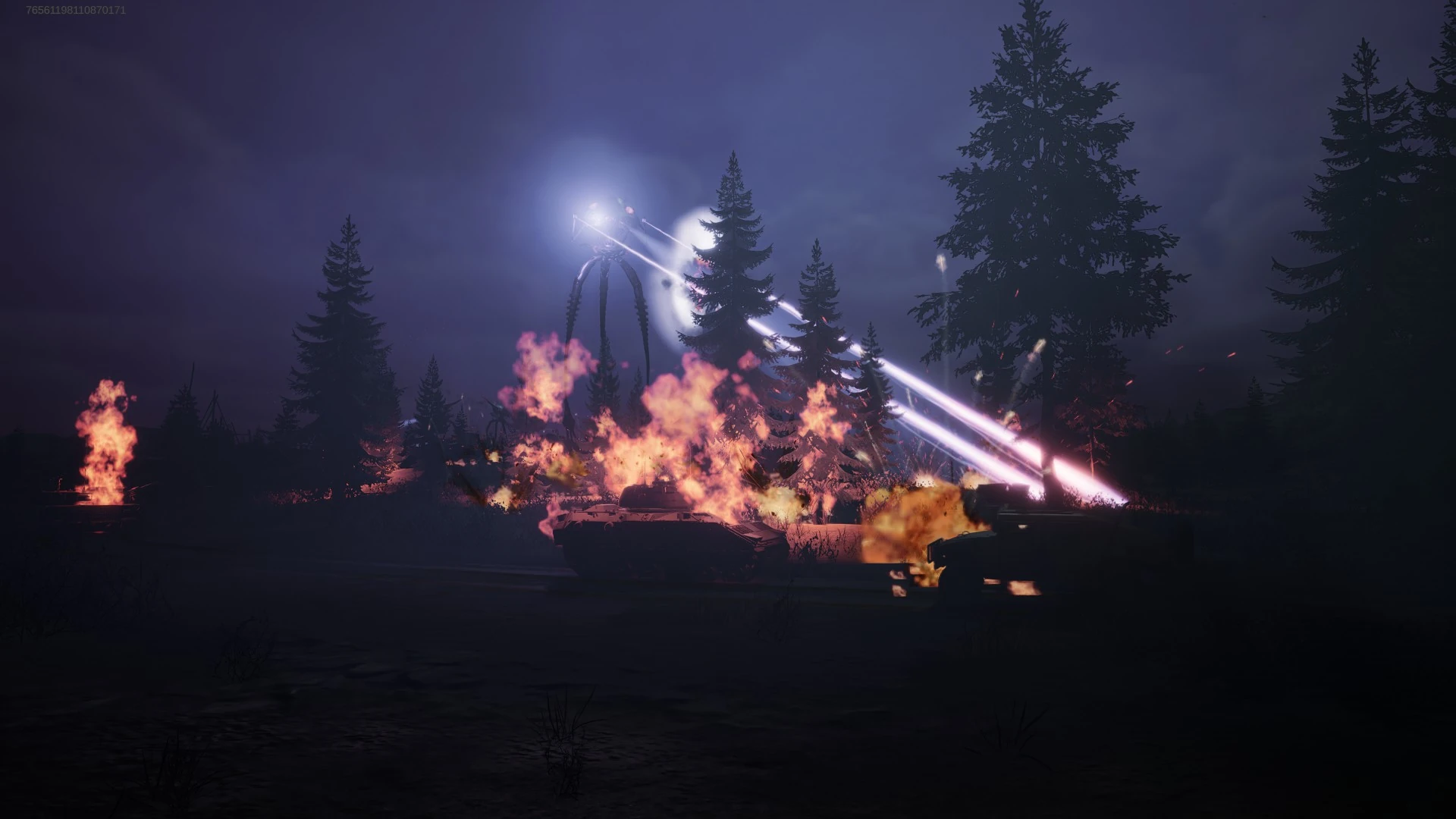 A tripod heat ray sets off explosions among the pines on a misty violet night.