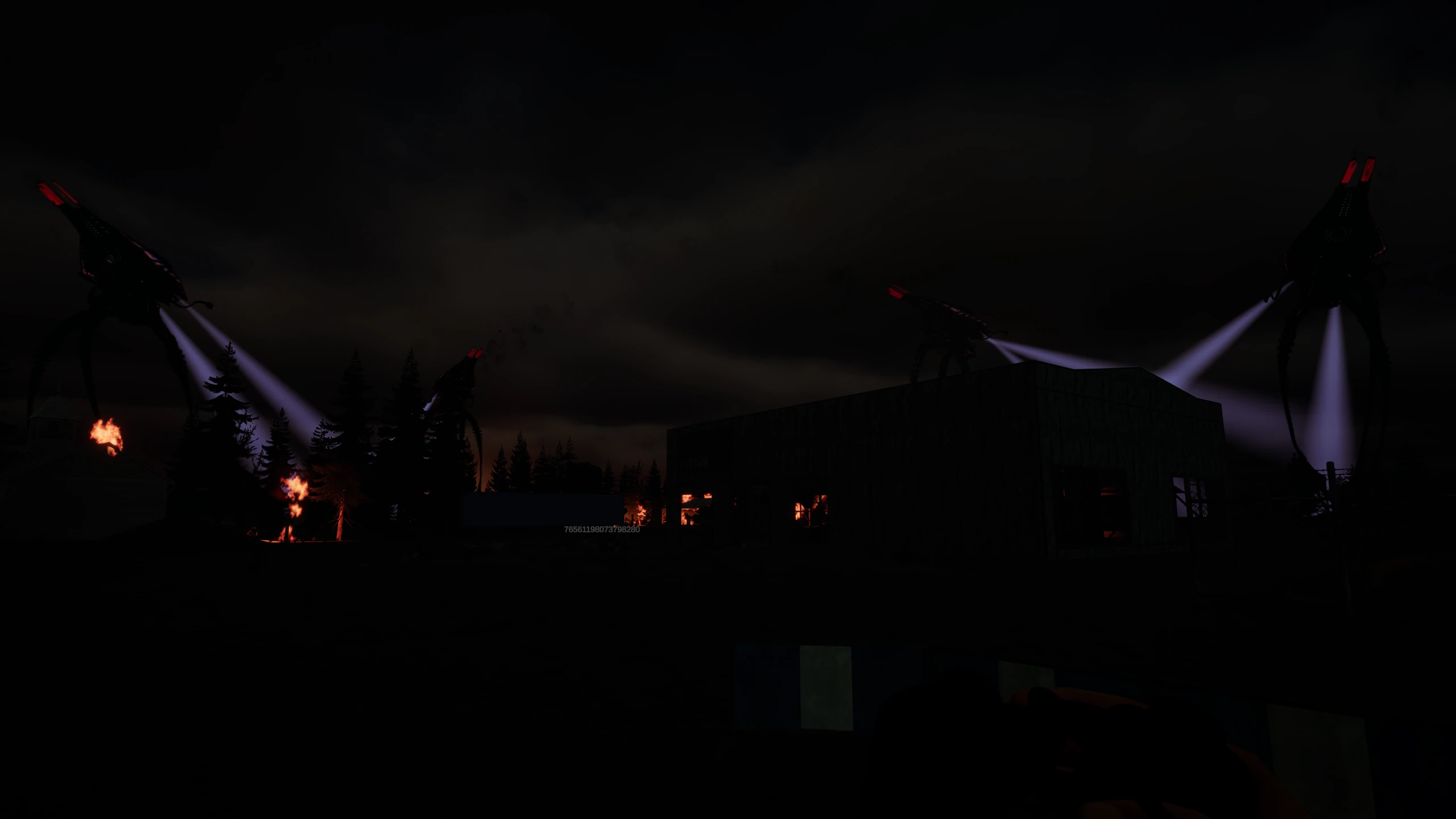 Tripods sweep violet searchlights over a burning house at night.
