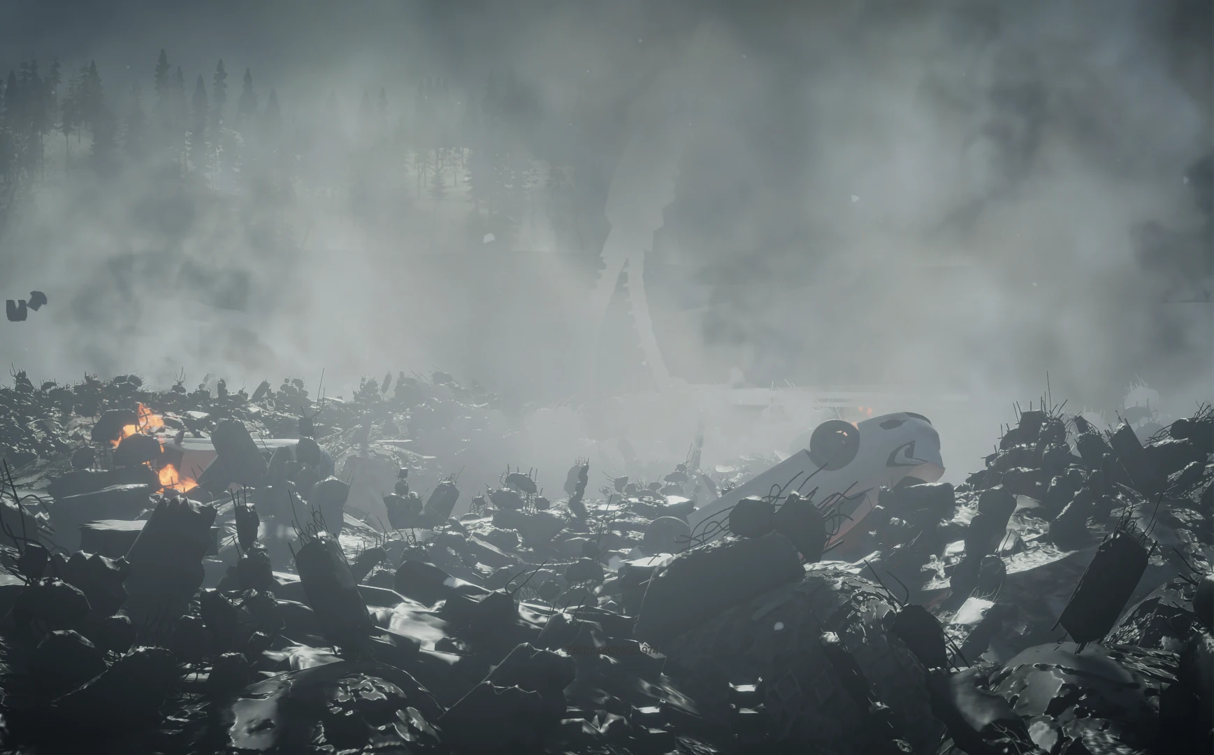 An alien machine rises over a ruined street.