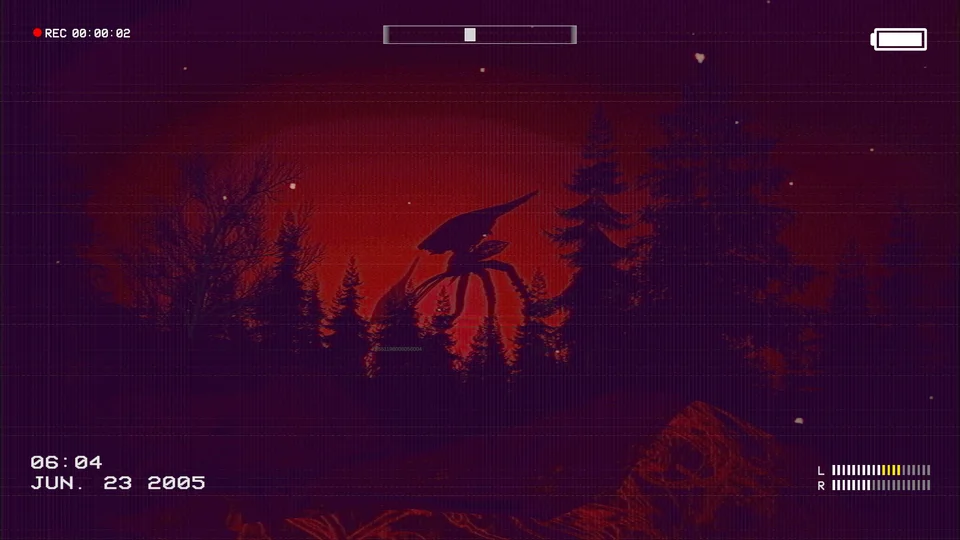 A camcorder captures an alien machine harvesting in a red-lit forest.
