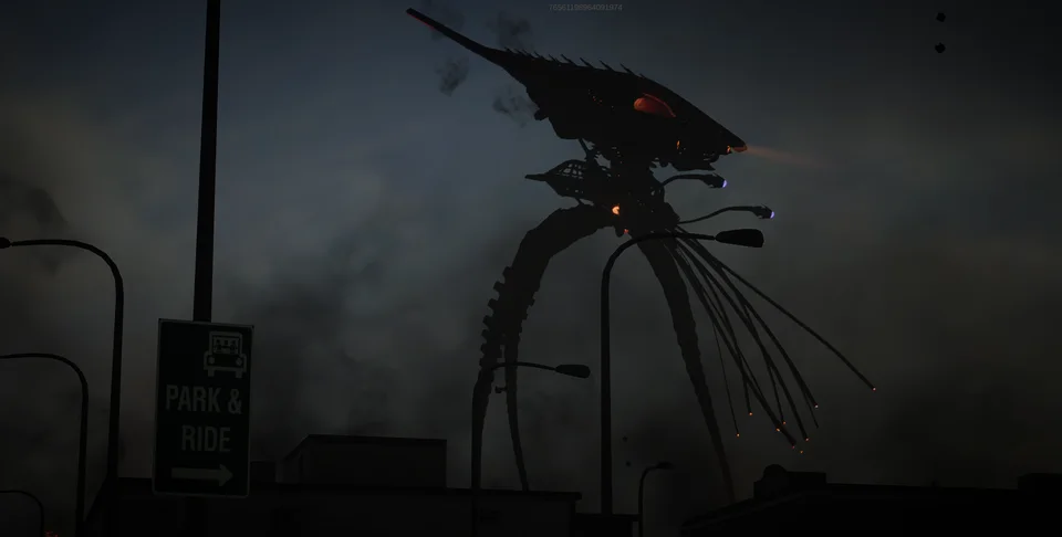 An alien machine extends its tendrils above city rooftops.