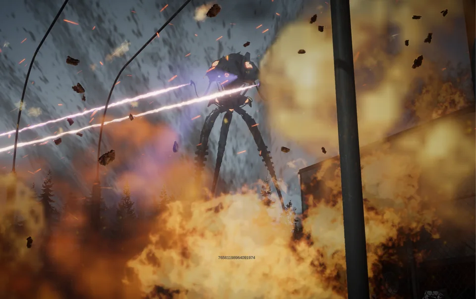 Twin heat rays cut through a firestorm of debris.