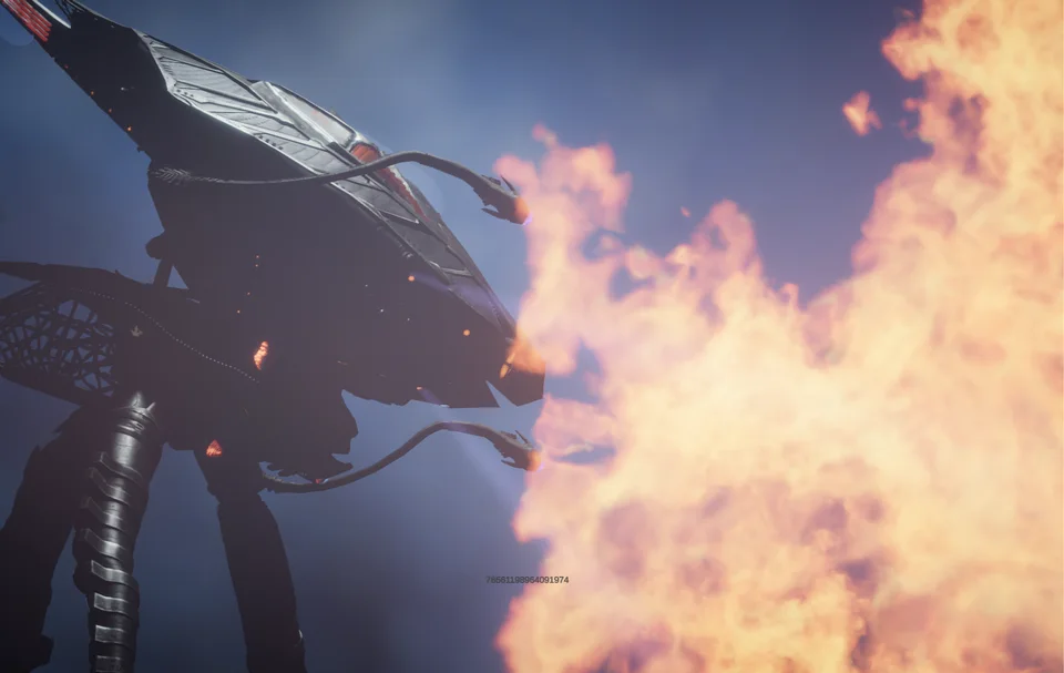 A close view of an alien machine beside roaring flames.