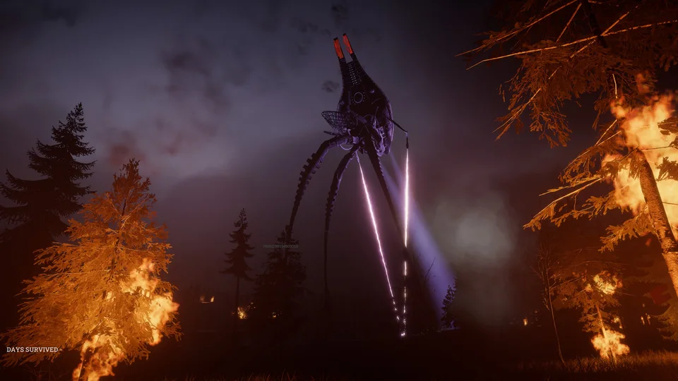 A Tripod moves through a burning forest.