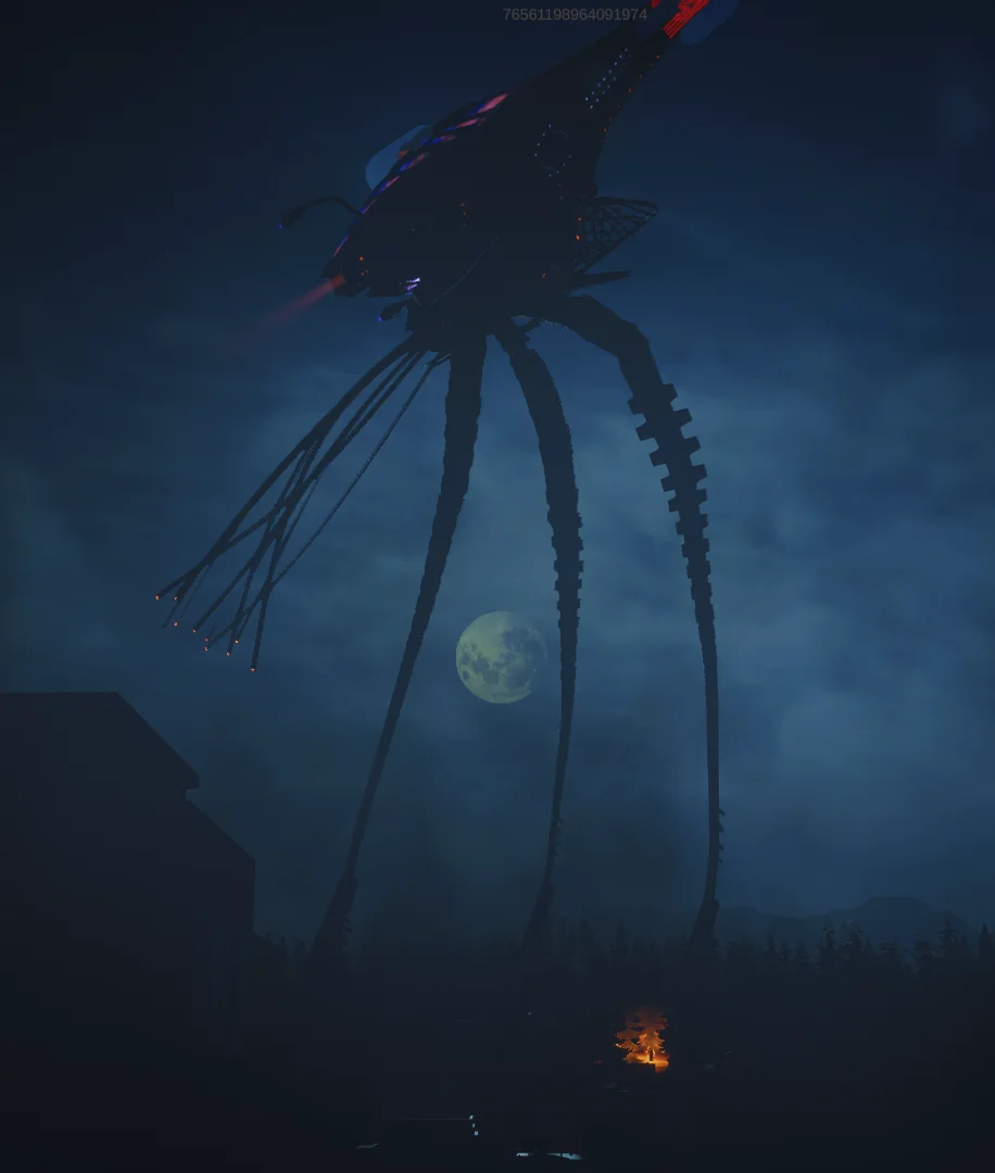 An alien machine towers over the forest beneath the moon.