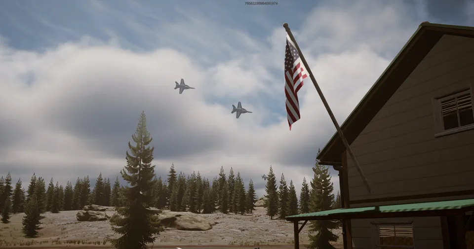 Two fighter jets pass over a rural home and an American flag under a cloudy sky.