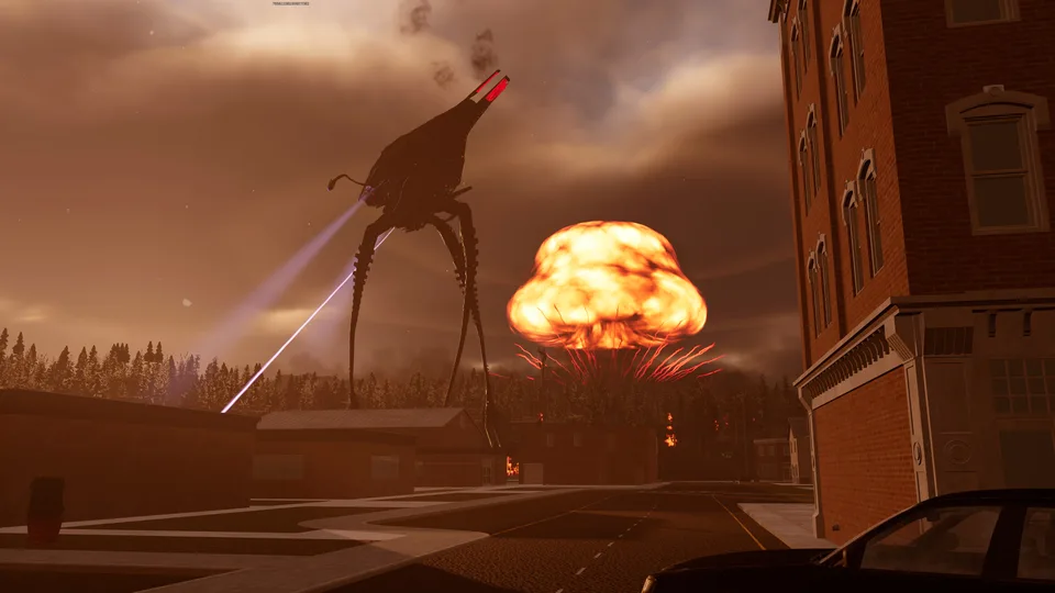 An alien tripod fires a violet beam near a city building as a huge explosion rises beyond the trees.