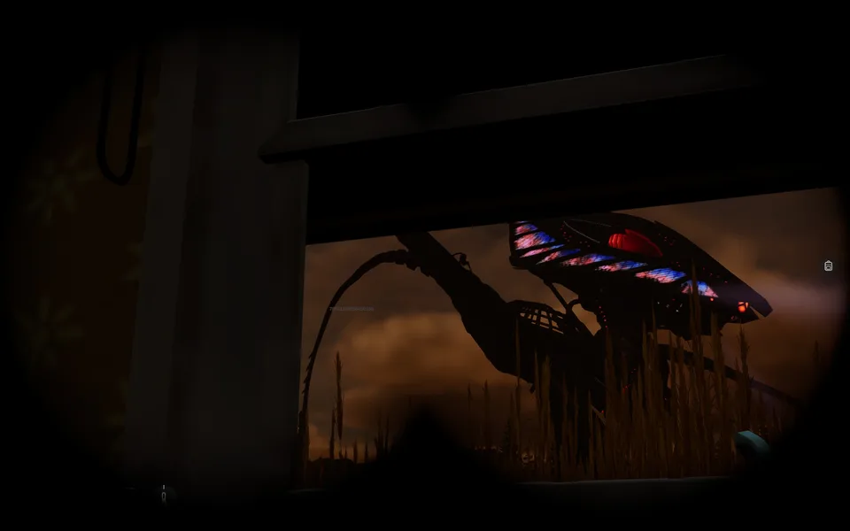 A glowing alien tripod is seen outside through a dark interior opening.