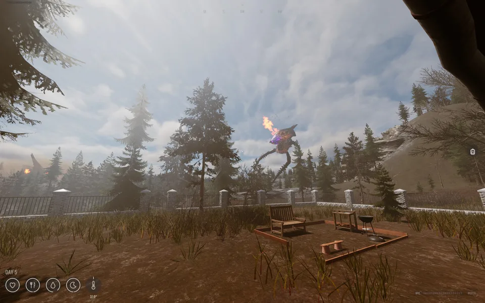 A distant tripod towers above evergreen trees beyond picnic tables and a campsite.