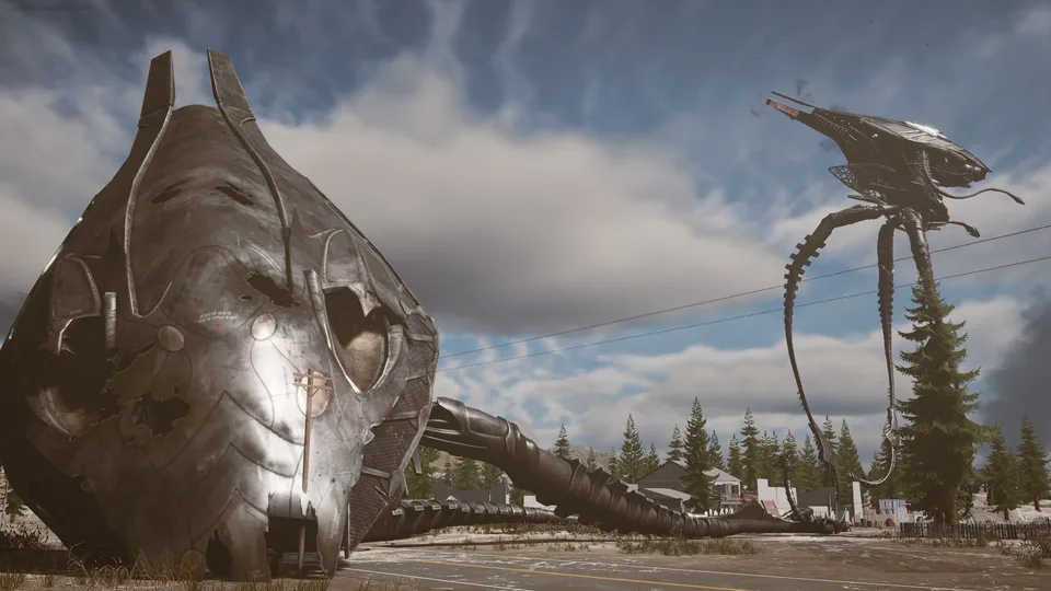 A fallen alien machine fills the foreground while a standing tripod looms beyond it.
