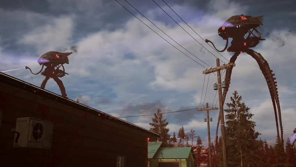 Two alien tripods approach above a low building, utility poles, and power lines.