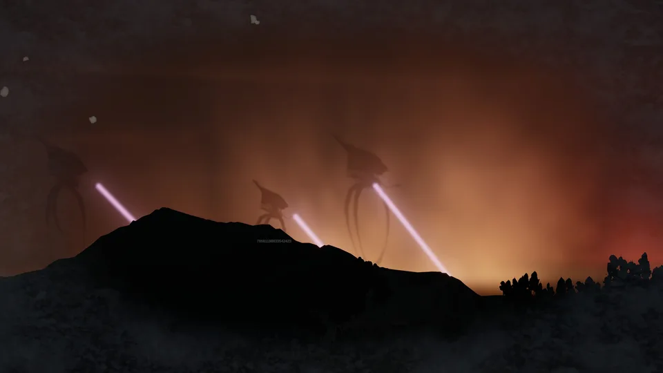 Tripod silhouettes and violet beams emerge through an orange glow behind a dark rocky ridge.