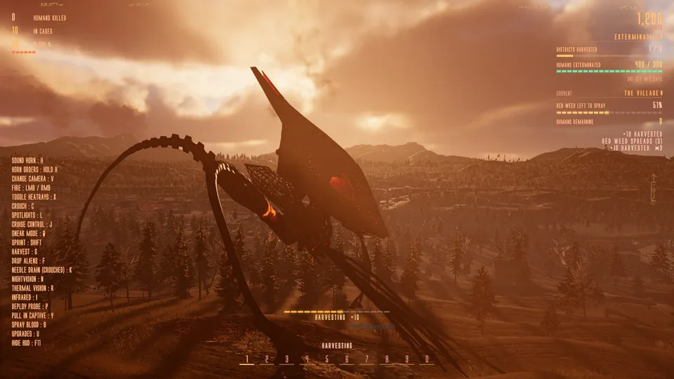 A playable alien tripod overlooks a forest valley at sunset, with game controls and status information visible.