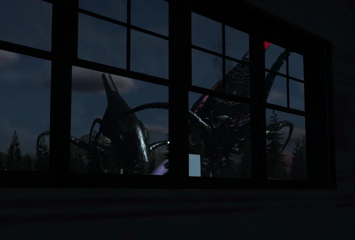 An alien machine looms outside a dark building, seen through a grid of window panes.