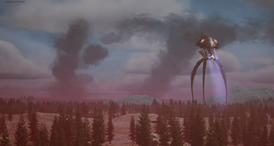An alien tripod shines a violet beam into a broad wooded valley beneath a dramatic evening sky.