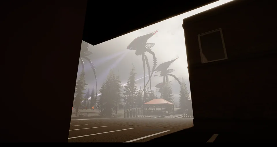 Several alien tripods loom through pale mist beyond a street, viewed from the shadow of a building.