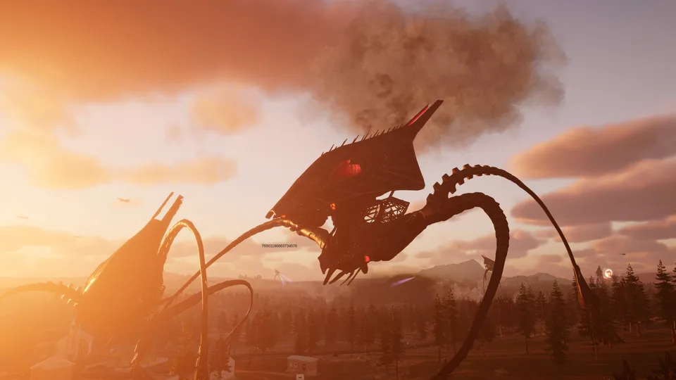 Two alien tripods tower above a forest beneath orange sunset clouds.