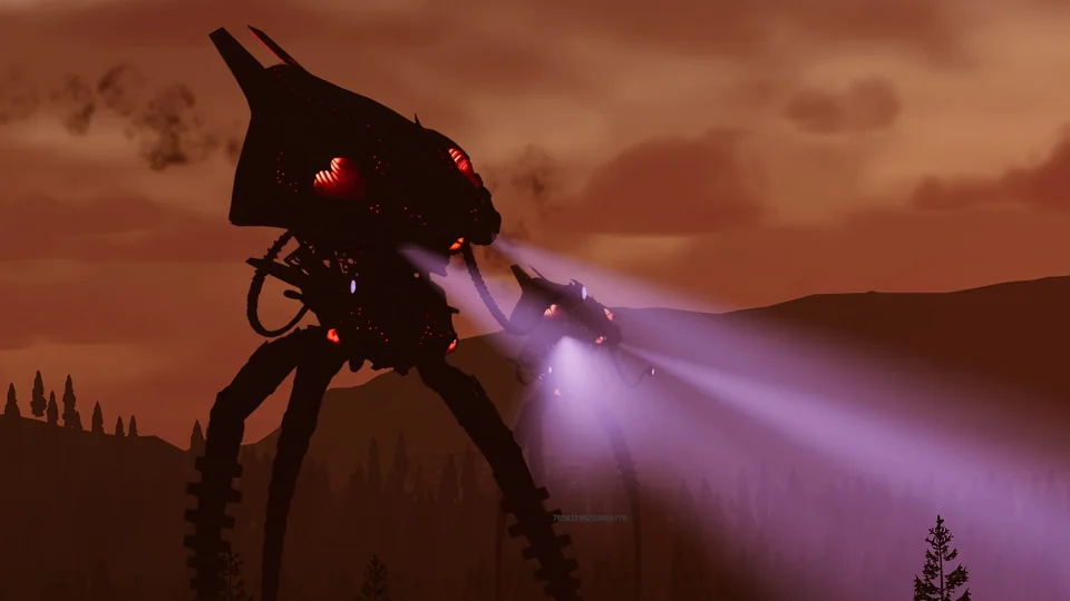 An alien tripod sweeps violet searchlights across a hillside under an orange sky.