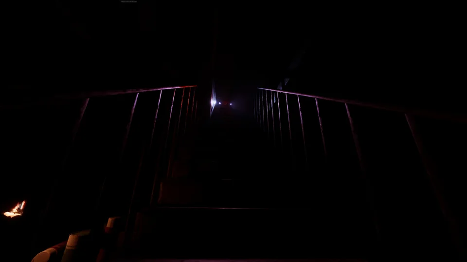 A faint violet light glows beyond a railing in a pitch-dark room.
