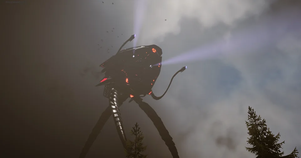 An alien tripod looms through drifting smoke, sweeping violet searchlights across a cloudy sky.