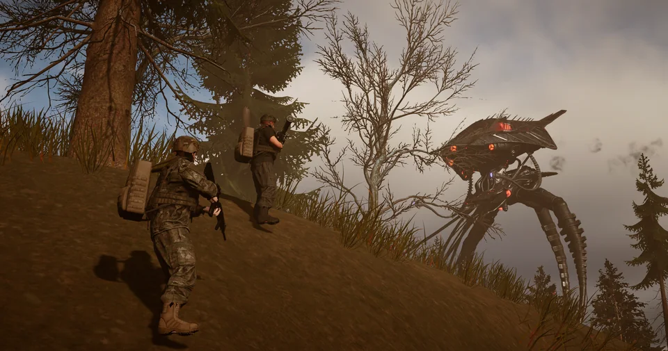 Two soldiers climb a grassy hillside as an alien tripod stalks through the trees behind them.