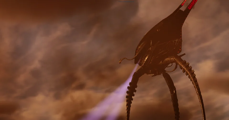 A tripod towers against a dusty orange sky, a violet beam trailing beneath its hull.