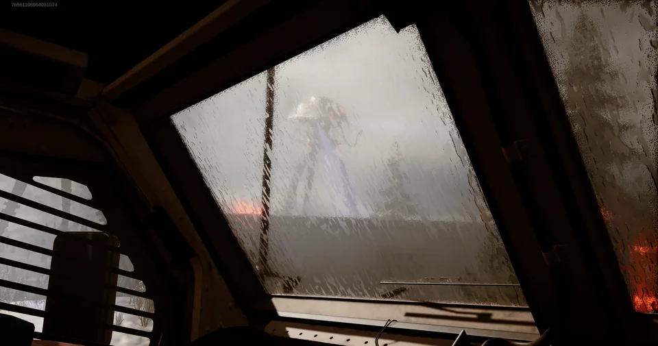An alien tripod looms in the fog beyond a rain-streaked vehicle window.