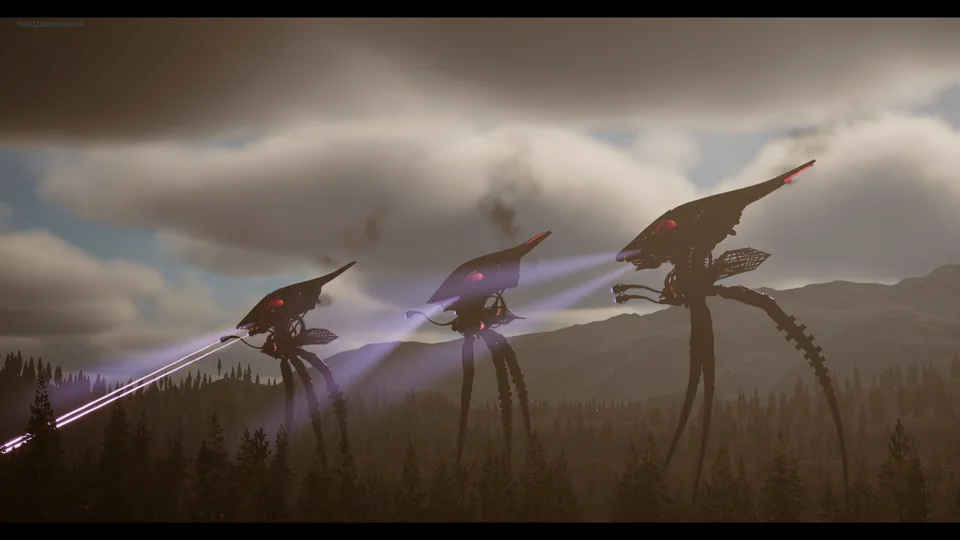 Three alien tripods fire violet heat rays across a pine valley beneath distant mountains.