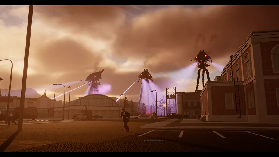 A man runs across a parking lot as three tripods fire violet beams over a small town at dusk.