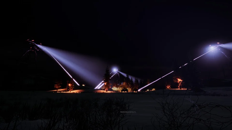 Alien tripods sweep violet beams across a dark field, leaving small fires burning in the night.