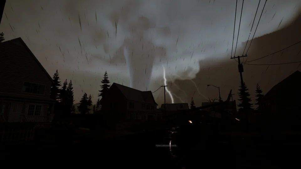 A tornado and lightning tear through a storm sky above dark houses and power lines.