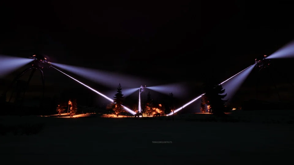 Three tripods fire crossing violet heat rays into burning trees at night.