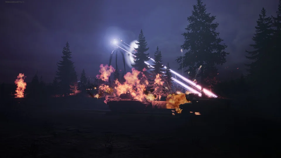 A tripod heat ray sets off explosions among the pines on a misty violet night.